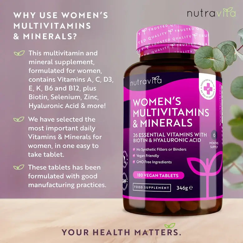 Women's Multivitamins with Biotin and Hyaluronic Acid 180 Vegan Tablets Мултивитамини за жени с биотин и хиалуронова киселина Nutravita