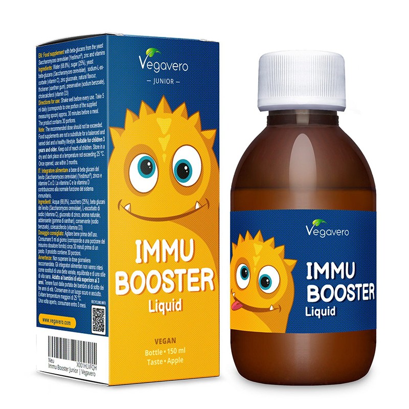 Immu Booster Liquid - Имуностимулиращ сироп за деца с бета глюкани, цинк + витамин С и D3, 150 ml, с вкус на ябълка - BadiZdrav.BG