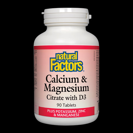 Calcuim & Magnesium Citrate with D3/ Калций с Магнезий (цитрат) и Витамин D3 + Калий, Цинк и Манган х 90 таблетки Natural Factors - BadiZdrav.BG