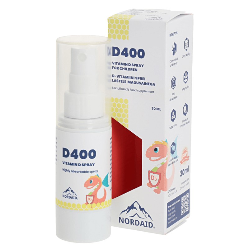 Кости, зъби и имунна защита - Витамин D3 400 IU, спрей за уста, 30 ml / 200 впръсквания Nordaid - BadiZdrav.BG