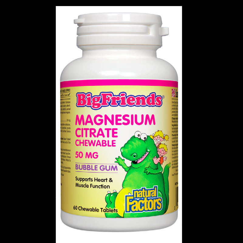 Magnesium Citrate Big Friends - Магнезий (цитрат) за деца 50 mg, 60 дъвчащи таблетки с вкус на дъвка Natural Factors - BadiZdrav.BG