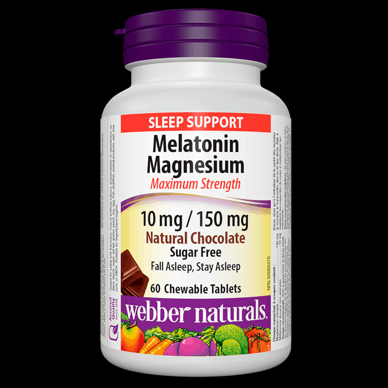 Melatonin + Magnesium / Мелатонин 10 mg + магнезий 150 mg, 60 дъвчащи таблетки с вкус на шоколад Webber Naturals