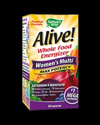 Мултивитамини за жени максимум сила Алайв - Alive! Women's Multi Max Potency Whole Food Energizer, 30 таблетки - BadiZdrav.BG