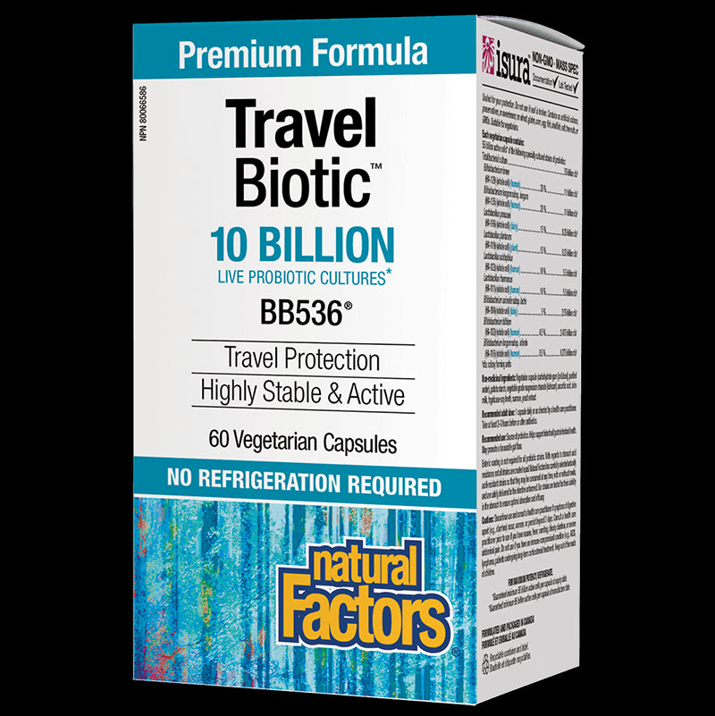 Travel Biotic™ BB536® - Пробиотик (подкрепа при далечни пътувания), 10 млрд. активни пробиотици, 60 капсули Natural Factors - BadiZdrav.BG