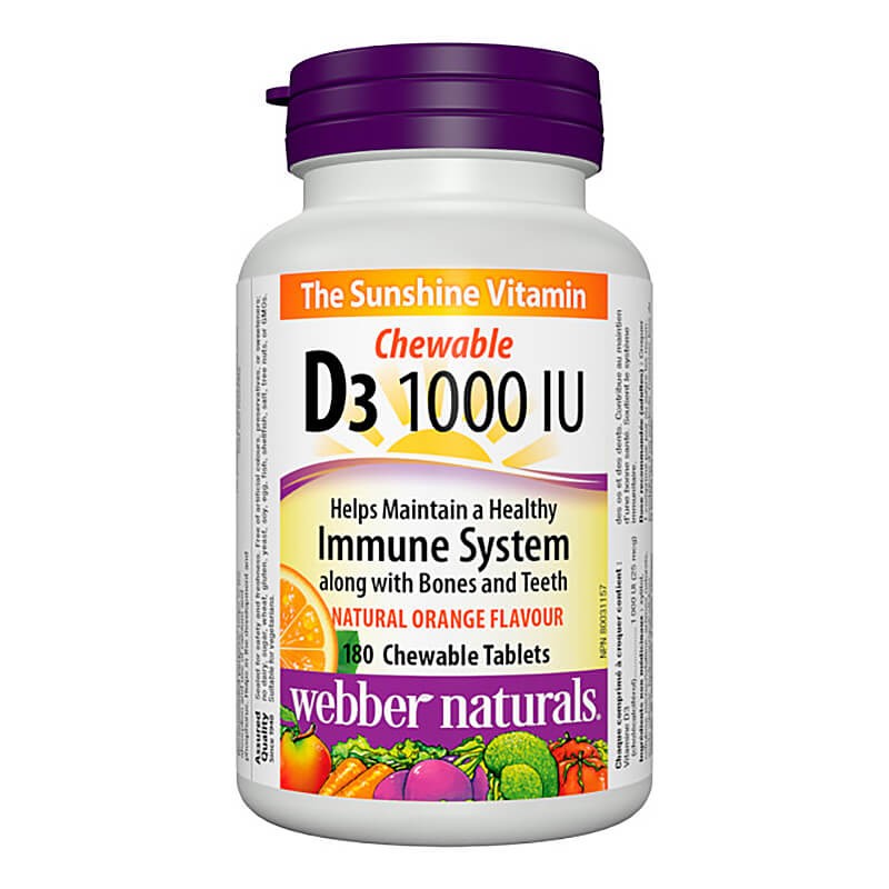 Здрави кости и зъби - Витамин D3 1000 IU, 180 дъвчащи таблетки Webber Naturals - BadiZdrav.BG