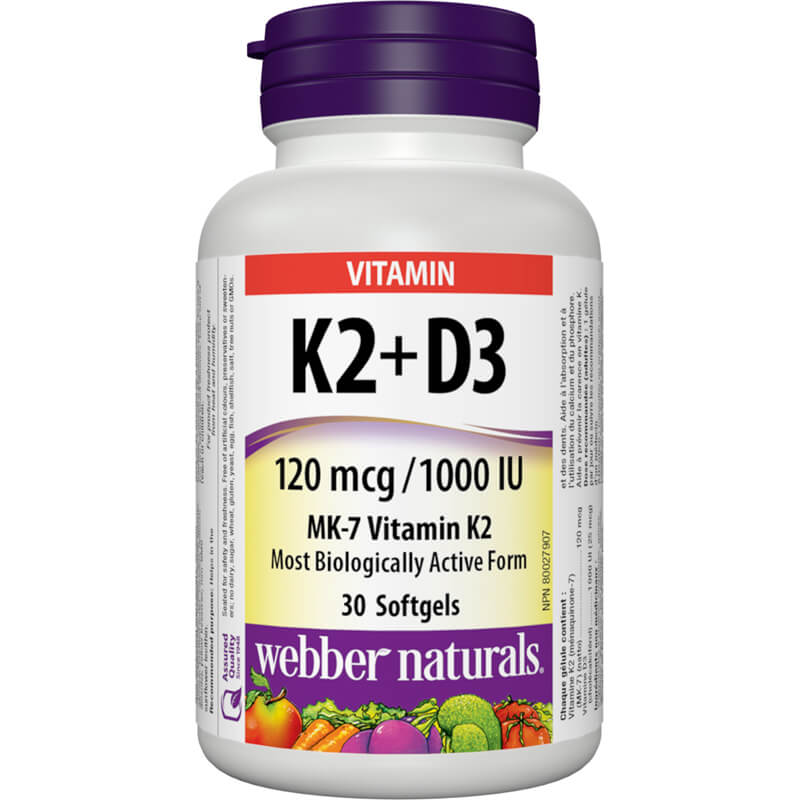 Vitamin K2 + D3 / Витамин К2 120 µg + D3 1000 IU, 30 софтгел капсули Webber Naturals